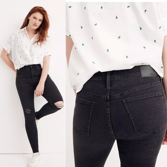 Madewell Mid‎ Rise Skinny Jeans Black Sea Size 26 Petite Distressed Ripped Denim - Picture 1 of 12